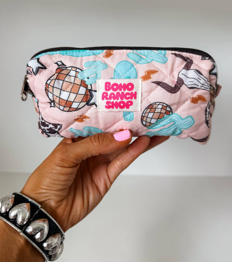Quilted Western Pencil Pouch Cowgirl Makeup Bag Fabric