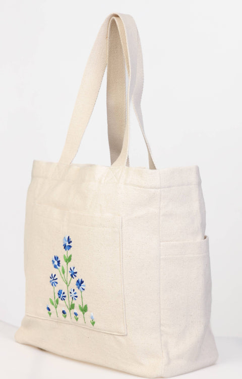 Handmade Weekender Off-White Tote (Blue) Survivor-Made