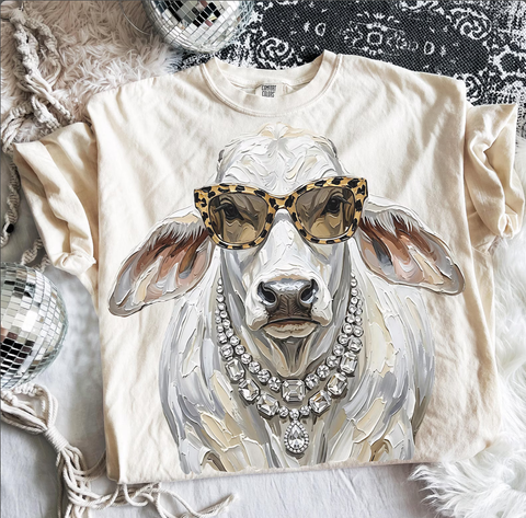 Western Glam Brahman Cow Graphic Tee – Leopard Sunglasses